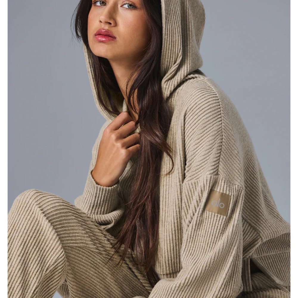 ALO Yoga Ribbed Hoodie & Joggers Set - Taupe Brown - Picture 3 of 4